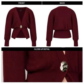URBAN REVIVO Women Knitted Cardigans Long Sleeve V-Neck Lightweight Sweater One Leaf Button Down Outwear Wine Red,Large