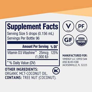 Vimergy Vegan D3 – Supports Bone Health* – Benefits Immune Function* – USDA Certified Organic, Vegan, Gluten-Free – 15 mL (96 Servings)