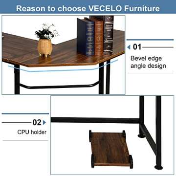 VECELO 66 Inch L-Shaped Computer Desk Home Office Desk With Cpu Stand/Pc Laptop Study Writing Table For Home Office Workstation Wood & Metal,Walnut