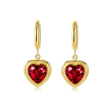 Heart Dangle Earrings for Women 14K Gold Plated Cubic Zirconia Red