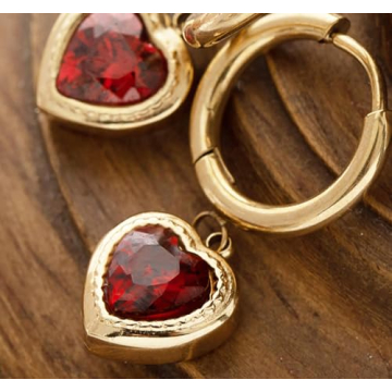 Heart Dangle Earrings for Women 14K Gold Plated Cubic Zirconia Red