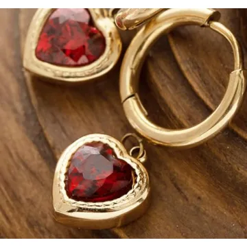 Heart Dangle Earrings for Women 14K Gold Plated Cubic Zirconia Red