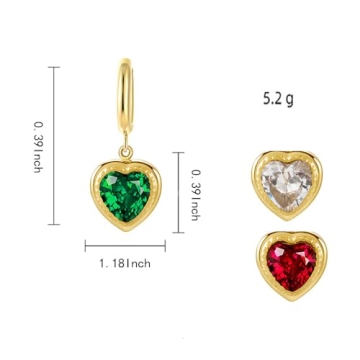 Heart Dangle Earrings for Women 14K Gold Plated Cubic Zirconia Red