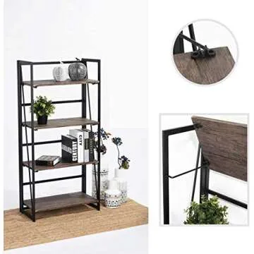 Vogue Carpenter 4-Tier Bookcase Shelf Organizer, No-Assembly Sturdy Foldable Rustic Stand Storage Shelves 23.6x11.6x49.2 Inch