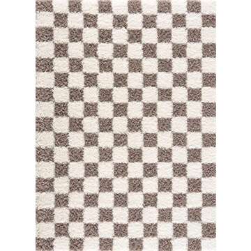 Hauteloom Atira Contemporary Checkered Fluffy Shag Area Rug - Modern Geometric Carpet Tiles for Livi...