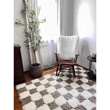Hauteloom Atira Contemporary Checkered Fluffy Shag Area Rug - Modern Geometric Carpet Tiles for Living Room, Kids Room, Nursery - Plush Pile - Brown, Cream, White - 7'10" x 10'3"