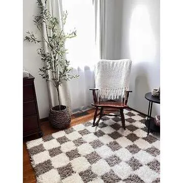 Hauteloom Atira Contemporary Checkered Fluffy Shag Area Rug - Modern Geometric Carpet Tiles for Living Room, Kids Room, Nursery - Plush Pile - Brown, Cream, White - 7'10" x 10'3"
