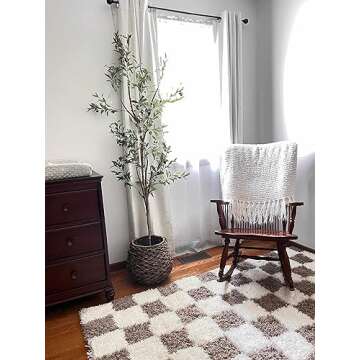 Hauteloom Atira Contemporary Checkered Fluffy Shag Area Rug - Modern Geometric Carpet Tiles for Living Room, Kids Room, Nursery - Plush Pile - Brown, Cream, White - 7'10" x 10'3"