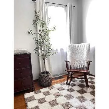 Hauteloom Atira Contemporary Checkered Fluffy Shag Area Rug - Modern Geometric Carpet Tiles for Living Room, Kids Room, Nursery - Plush Pile - Brown, Cream, White - 7'10" x 10'3"