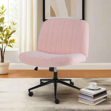 Criss Cross Legged Chair with Wheels, Home Office Desk Chair Wide Seat Fabric Armless Height Adjustable 360° Swivel Chair for Vanity/Work, Faux Fur Pink