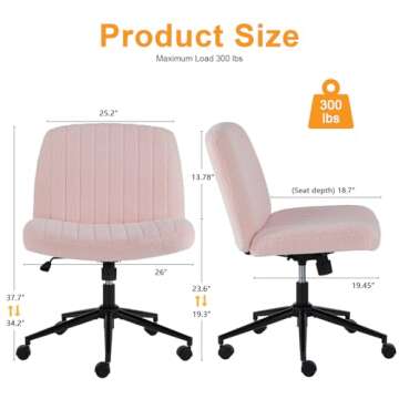 Criss Cross Legged Chair with Wheels, Home Office Desk Chair Wide Seat Fabric Armless Height Adjustable 360° Swivel Chair for Vanity/Work, Faux Fur Pink