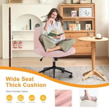 Criss Cross Legged Chair with Wheels, Home Office Desk Chair Wide Seat Fabric Armless Height Adjustable 360° Swivel Chair for Vanity/Work, Faux Fur Pink