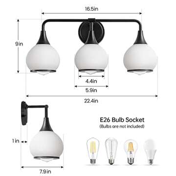 HAHZT Black Bathroom Light Fixtures 3-Lights Vanity Lights with Milky White Frosted Glass Shade Bathroom Vanity Light 22.4 inch Wall Sconce Lighting Bath(Exclude E26 Bulb)