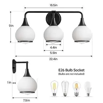 HAHZT Black Bathroom Light Fixtures 3-Lights Vanity Lights with Milky White Frosted Glass Shade Bath...
