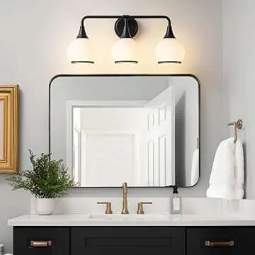 HAHZT Black Bathroom Light Fixtures 3-Lights Vanity Lights with Milky White Frosted Glass Shade Bathroom Vanity Light 22.4 inch Wall Sconce Lighting Bath(Exclude E26 Bulb)