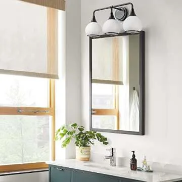 HAHZT Black Bathroom Light Fixtures 3-Lights Vanity Lights with Milky White Frosted Glass Shade Bathroom Vanity Light 22.4 inch Wall Sconce Lighting Bath(Exclude E26 Bulb)