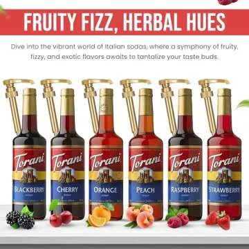 Fruit Bowl Syrup 6 Pack Summer Flavors, Raspberry, Strawberry, Blackberry, Cherry, Orange and Peach - For Italian Soda Coffee, Lattes, Frappes With 6 Jimoco Pump Dispensers