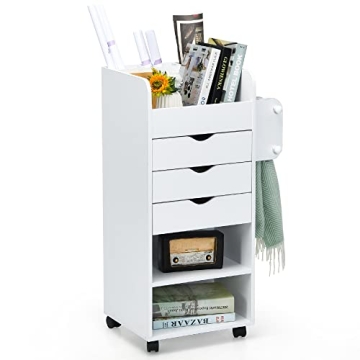 Tangkula Rolling Storage Drawer Cart, Wooden Utility Cart w/ 3 Drawers, 3 Shelves, 3 Slots and 2 Dow...