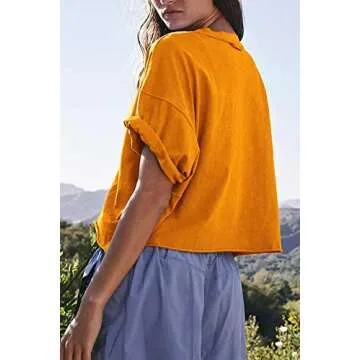 Carpetcom Oversized Workout Shirts for Women Short Sleeve Drop Shoulder Casual Basic Crop Tops Baggy Gym Yoga Sport Tee Lemon Yellow