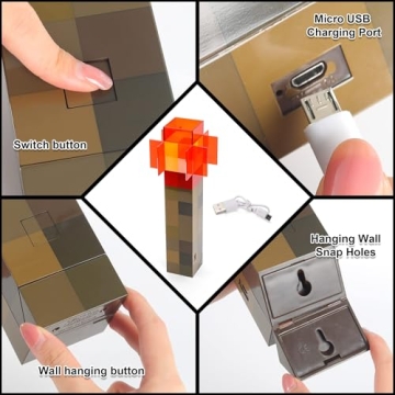 Torch Lamp - Torch Light with Wall Mountable - 11 Inch LED Night Light - USB Rechargeable for Nightstand Lamp - Costume Cosplay Light - Kid's Bedroom Living Room Gaming Room Study Room Decor (Red)