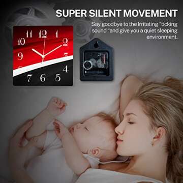 ArtSocket Wooden Wall Clock Silent Non-Ticking, Red Black Arrow Circle White Abstract Line Modern St...