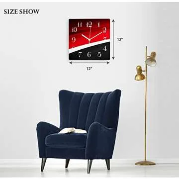 ArtSocket Wooden Wall Clock Silent Non-Ticking, Red Black Arrow Circle White Abstract Line Modern Star Wave Square Wall Clocks Decor for Home Kitchen Living Room Office(12 Inch)