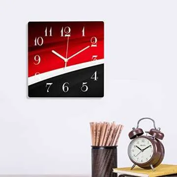 ArtSocket Wooden Wall Clock Silent Non-Ticking, Red Black Arrow Circle White Abstract Line Modern Star Wave Square Wall Clocks Decor for Home Kitchen Living Room Office(12 Inch)
