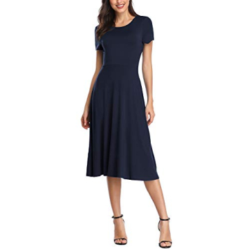 Urban CoCo Women's Vintage Short Sleeve High Waist Flared Midi Casual Summer Dress Navy Blue