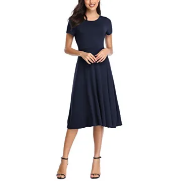 Urban CoCo Women's Vintage Short Sleeve High Waist Flared Midi Casual Summer Dress Navy Blue