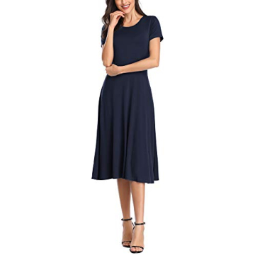Urban CoCo Women's Vintage Short Sleeve High Waist Flared Midi Casual Summer Dress Navy Blue