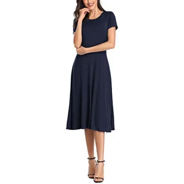 Urban CoCo Women's Vintage Short Sleeve High Waist Flared Midi Casual Summer Dress Navy Blue