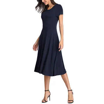 Urban CoCo Women's Vintage Short Sleeve High Waist Flared Midi Casual Summer Dress Navy Blue