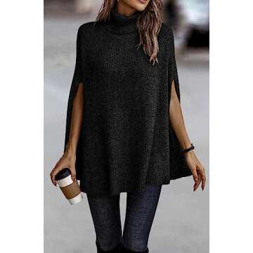 KIRUNDO Women's 2025 Fall Winter Turtleneck Poncho Sweater Fashion Chunky Knit Cape Wrap Sweaters Pullover Jumper Tops(Black, Small)
