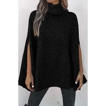 KIRUNDO Women's 2025 Fall Winter Turtleneck Poncho Sweater Fashion Chunky Knit Cape Wrap Sweaters Pullover Jumper Tops(Black, Small)