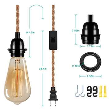 Vintage Plug in Hanging Light Kit, DORESshop Vintage 15FT Twisted Hemp Rope Pendant Light Cord Kit w...