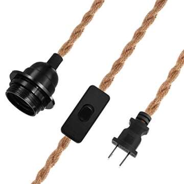 Vintage Plug in Hanging Light Kit, DORESshop Vintage 15FT Twisted Hemp Rope Pendant Light Cord Kit with On/Off Switch, Industrial Pendant Lighting E26 Socket for Pendant Lamp Farmhouse Lamp Cable DIY