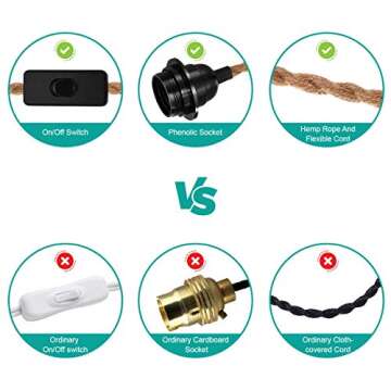 Vintage Plug in Hanging Light Kit, DORESshop Vintage 15FT Twisted Hemp Rope Pendant Light Cord Kit with On/Off Switch, Industrial Pendant Lighting E26 Socket for Pendant Lamp Farmhouse Lamp Cable DIY