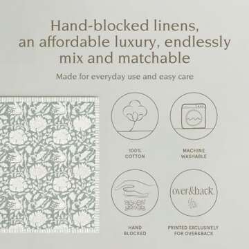 over&back Hand-Blocked Printed Cotton Cloth Napkins - Washable Napkins Set for Mixing, Matching, and Creating a Custom Home Decor Tablescape - Green Floral
