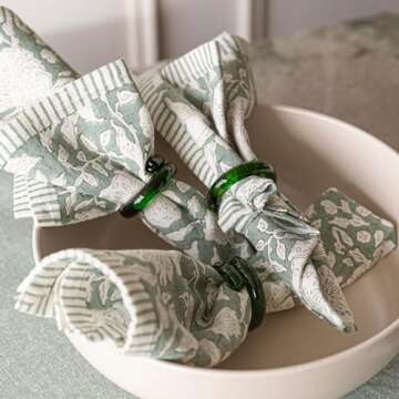 over&back Hand-Blocked Printed Cotton Cloth Napkins - Washable Napkins Set for Mixing, Matching, and Creating a Custom Home Decor Tablescape - Green Floral