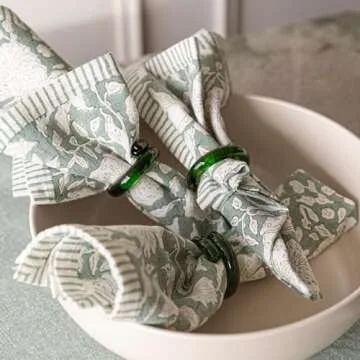 over&back Hand-Blocked Printed Cotton Cloth Napkins - Washable Napkins Set for Mixing, Matching, and Creating a Custom Home Decor Tablescape - Green Floral