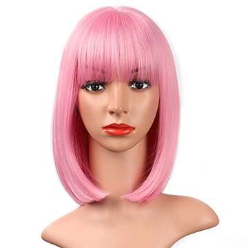 AISI BEAUTY 12 Inch Pink Bob Wigs with Bangs - Colorful Synthetic Party Wig for Women