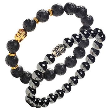 Earth Therapy Buddha Root Chakra Bracelet Set - Gold Plated Volcanic Lava and Hematite Healing Brace...