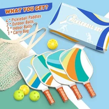 Pickleball Paddles Set of 4, Premium Wood with 4 Indoor & Outdoor Pickleball Balls and 1 Carry Bag, Pickleball Rackets with Ergonomic Cushion Grip for Beginner & Professional Gifts for Women Men Youth