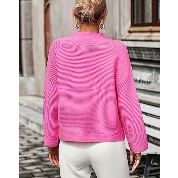 chouyatou Womens Fall Mock Neck Pullover Sweater Elegant Ribbed Knit Dressy Casual Sweater Top (Medium, Hot Pink)