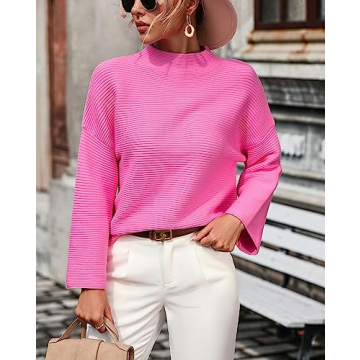 chouyatou Womens Fall Mock Neck Pullover Sweater Elegant Ribbed Knit Dressy Casual Sweater Top (Medium, Hot Pink)