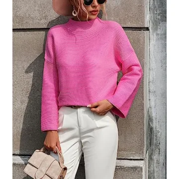 chouyatou Womens Fall Mock Neck Pullover Sweater Elegant Ribbed Knit Dressy Casual Sweater Top (Medium, Hot Pink)