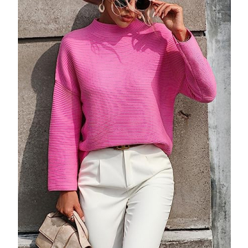 chouyatou Womens Fall Mock Neck Pullover Sweater Elegant Ribbed Knit Dressy Casual Sweater Top (Medium, Hot Pink)