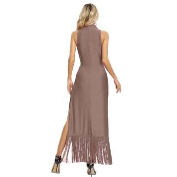 Aigeman Womens Vintage Flapper Dress 1920s Great Gatsby Halter Fringed Maxi Dress Tassels Hem High S...