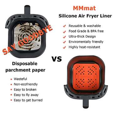 MMmat Reusable Air Fryer Liners - 8.5 Inch or 7.5 Inch Square, Best German Silicone Air Fryer Mats, Non-Stick Basket Air Fryer Accessories - 2 Pack