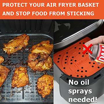 MMmat Reusable Air Fryer Liners - 8.5 Inch or 7.5 Inch Square, Best German Silicone Air Fryer Mats, Non-Stick Basket Air Fryer Accessories - 2 Pack